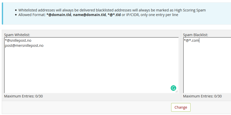Mail Control hvit og svarteliste